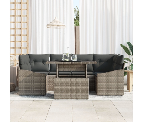 Conjunto de Sofá de Jardín de 7 Piezas con Cojines Gris Poliratán