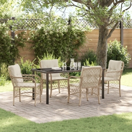Juego de Comedor de Jardín de 5 Piezas con Cojines Beige Ratán Poliéster