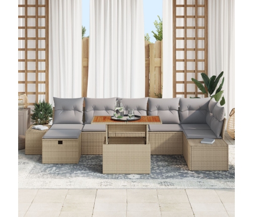 Juego de Comedor de Jardín  de 8 Piezas con Cojines Beige Ratán Poliéster