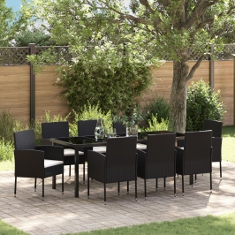 Conjunto de Comedor de Jardín  de 9 Piezas con Cojines Ratán Poliéster Negro