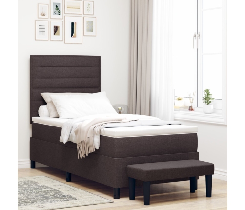 Cama con Estructura de Caja  con Colchón y Banco Marrón Oscuro 100x200 cm Tela