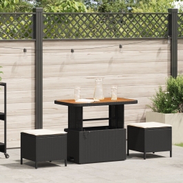 Set de Comedor de Jardín de 3 Piezas con Cojines Negro de Poliratán y Acacia