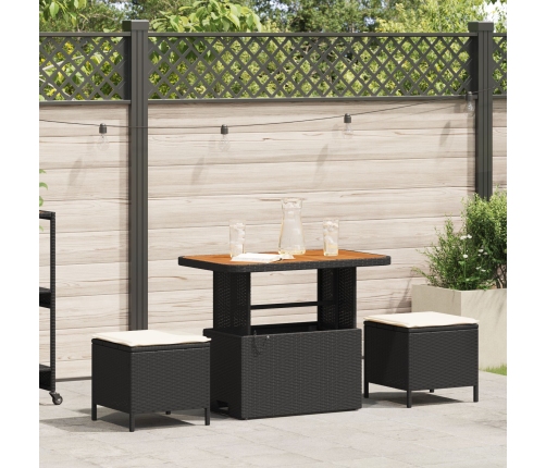 Set de Comedor de Jardín de 3 Piezas con Cojines Negro de Poliratán y Acacia