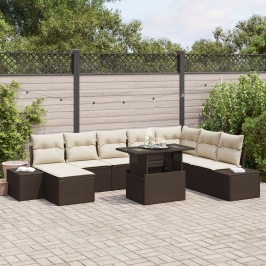 Conjunto de Sofás de Jardín 9 Piezas Marrón y Crema Ratán, Tela