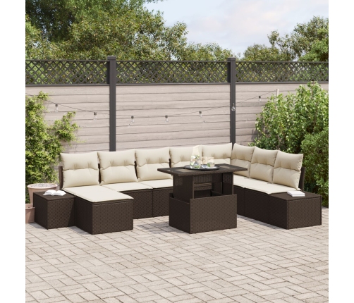 Conjunto de Sofás de Jardín 9 Piezas Marrón y Crema Ratán, Tela