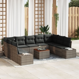 Conjunto de sofá de jardín de 10 piezas con cojines gris polirratán acacia