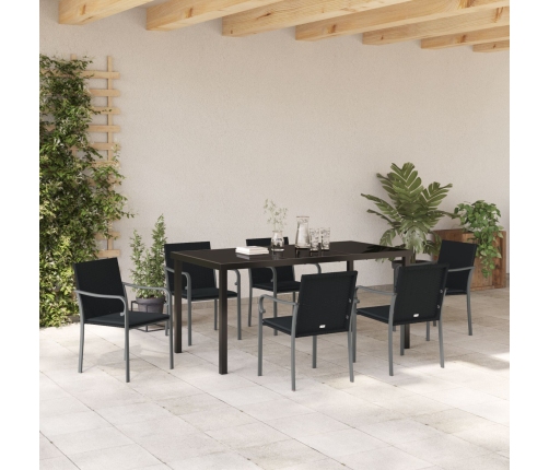 Juego de comedor de jardín de 7 piezas con cojines de poliratán negro