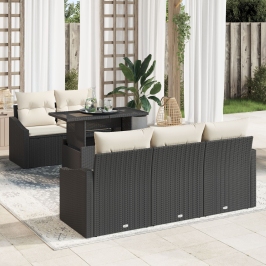 Conjunto de Sofá de Jardín  Set de 6 Negro y Crema Ratán y Poliéster