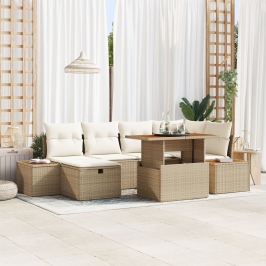 Conjunto de Sofá de Jardín de 7 Piezas con Cojines Beige Poliratán