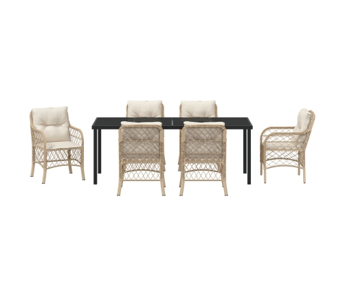Conjunto de Comedor de Jardín de 7 Piezas con Cojines de Poliratán Beige
