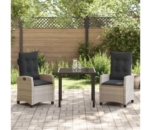Set de Comedor de Jardín de 3 Piezas con Cojines gris claro de Rattan Sintético