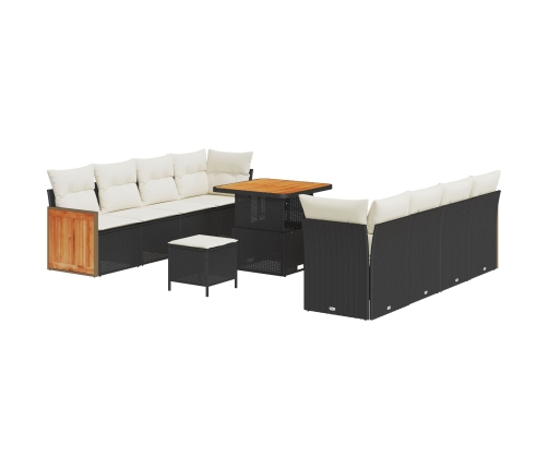 Juego de Sofás de Jardín de 11 Piezas con Cojines Negro Poliratán Acacia,  Sofá de Jardín de 2 Plazas con Cojines Negro Poliratán,  Juego de Comedor de Jardín de 3 Piezas con Cojines Negro Poliratán Acacia