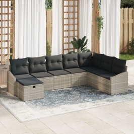 Set de Sofá de Jardín de 8 Piezas con Cojines Gris Claro de Ratán Poliéster