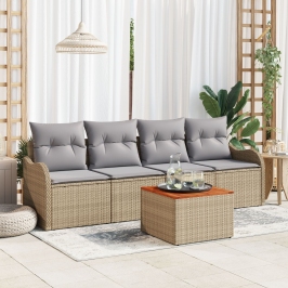 Conjunto de Sofás de Jardín de 5 Piezas con Cojines Beige de Ratán Sintético y Acacia