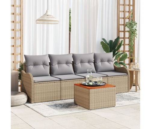 Conjunto de Sofás de Jardín de 5 Piezas con Cojines Beige de Ratán Sintético y Acacia