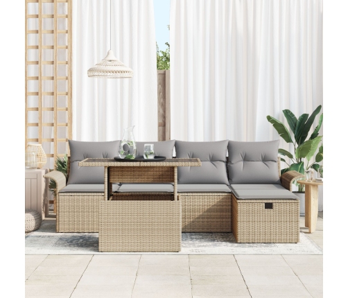 Conjunto de Sofá de Jardín de 6 Piezas con Cojines Beige de Ratán Poliéster