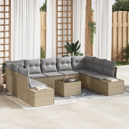 Juego de Sofás de Jardín Set de 10 Beige y gris Ratán Polietileno