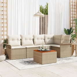Juego de Sofá de Jardín de 6 Piezas con Cojines Beige Poliratán Acacia