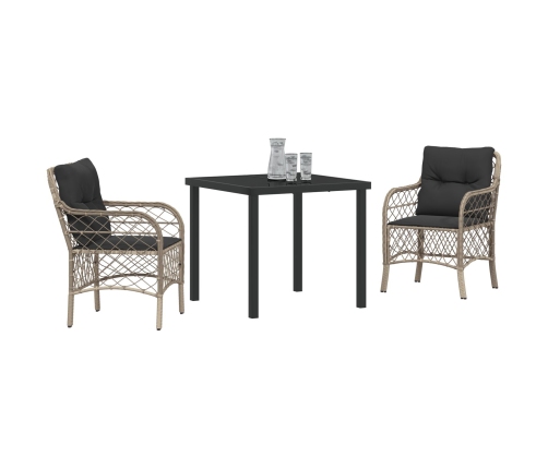 Set de Comedor de Jardín de 3 Piezas con Cojines Ratán Poliéster Gris Claro