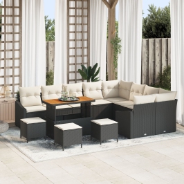 Conjunto de Sofás de Jardín de 13 Piezas con Cojines Negro Poliratán Acacia, Conjunto de Comedor de Jardín de 4 Piezas con Cojines Negro Poliratán Acacia, Sofá de Jardín de 2 Plazas con Cojines Negro Poliratán