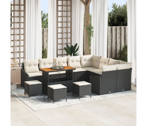 Conjunto de Sofás de Jardín de 13 Piezas con Cojines Negro Poliratán Acacia, Conjunto de Comedor de Jardín de 4 Piezas con Cojines Negro Poliratán Acacia, Sofá de Jardín de 2 Plazas con Cojines Negro Poliratán