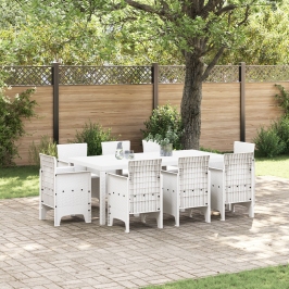 Conjunto de Comedor de Jardín de 9 Piezas con Cojines Blanco Poliratán