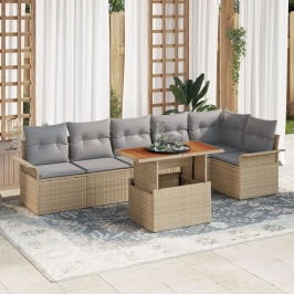 Set de Comedor de 7 Piezas para Jardín con Cojines Beige Ratán Sintético Acacia