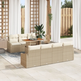 Set de Comedor de Jardín de 8 Piezas con Cojines Beige Ratán Acacia