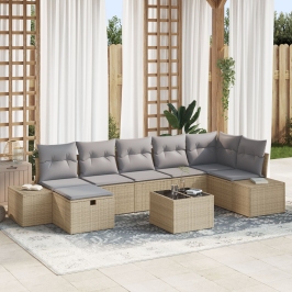 Conjunto de sofá de jardín de 8 piezas con cojines Beige Ratán Poli