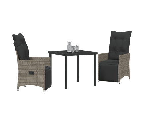 Set de Comedor de Jardín de 3 Piezas con Cojines Gris Poliratán
