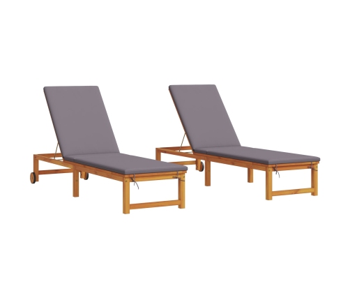 Tumbonas 2 pcs con Cojines de Madera Maciza de Acacia,  Tumbona con Cojines Gris Claro de Madera Maciza de Acacia