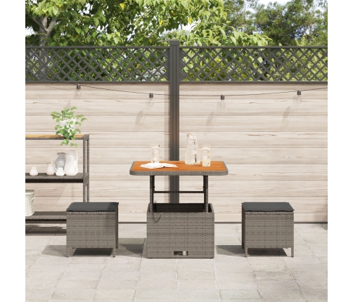 Conjunto de Comedor de Jardín de 3 Piezas con Cojines Gris de Poliratán y Acacia