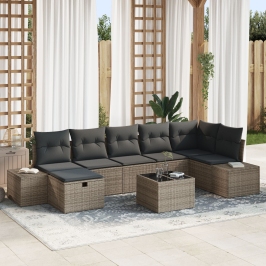 Conjunto de Sofás de Jardín de 8 Piezas con Cojines Gris Ratán Poliéster