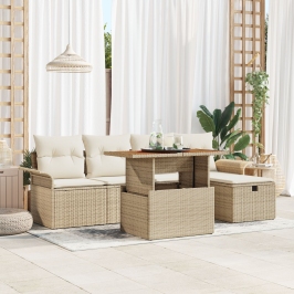 Juego de Sofá de Jardín de 6 Piezas con Cojines Beige de Ratán