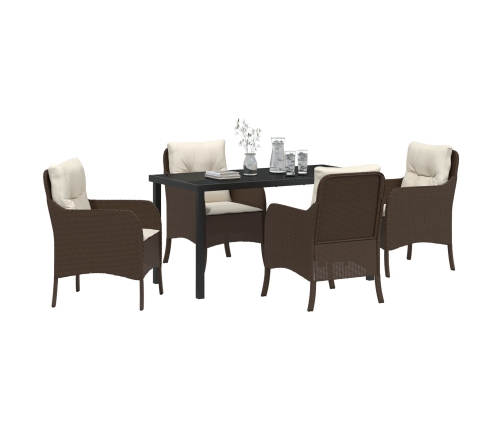 Set de comedor de jardín  de 5 piezas con cojines de poliratán marrón