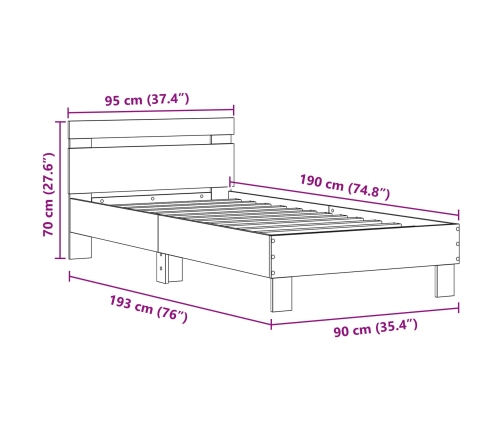 Cama  con luces LED en roble artesanal 90x190 cm de madera compuesta