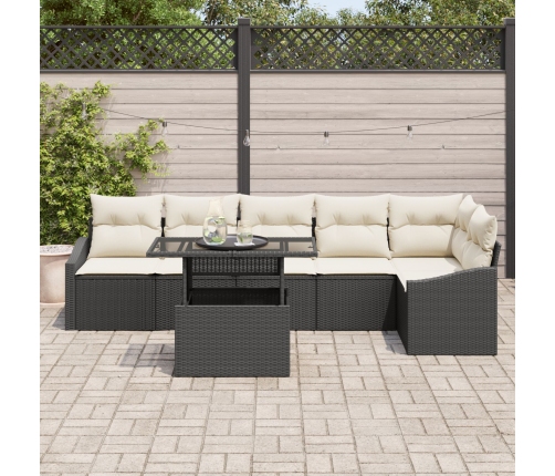 Conjunto de Sofá de Jardín  7 Piezas Negro y Crema Ratán y Poliéster