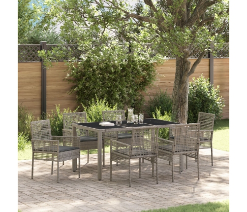 Conjunto de Comedor de Jardín de 7 Piezas con Cojines Gris de Poliratán