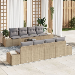 Set de Sofá de Jardín de 7 Piezas con Cojines Beige Ratán Poliéster