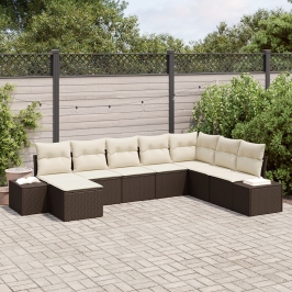 Set de sofá de jardín de 8 piezas con cojines marrón de ratán sintético