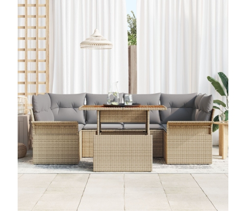 Conjunto de Sofás de Jardín de 7 Piezas con Cojines Beige de Ratán Poliéster Acacia