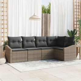 Set de Sofá de Jardín de 5 Piezas con Cojines en Gris de Ratán Sintético