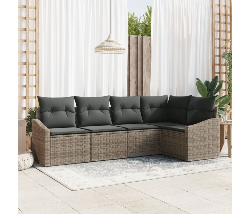 Set de Sofá de Jardín de 5 Piezas con Cojines en Gris de Ratán Sintético