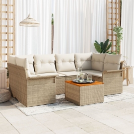 Juego de Sofá de Jardín de 7 Piezas con Cojines Beige Ratán Poliéster Acacia