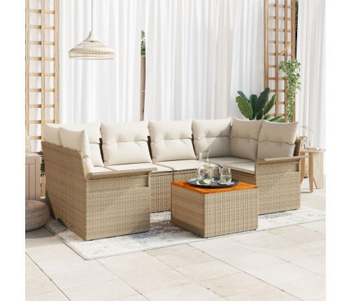 Juego de Sofá de Jardín de 7 Piezas con Cojines Beige Ratán Poliéster Acacia
