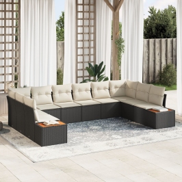Conjunto de Sofá de Jardín de 10 Piezas con Cojines Negro Poliratán Acacia