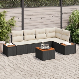 Conjunto de sofá de jardín de 6 piezas con cojines negro poliratán acacia