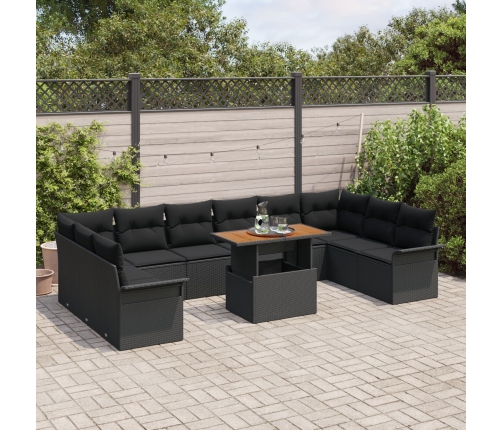 Juego de Comedor de Jardín de 11 Piezas con Cojines Negro Poliratán Acacia