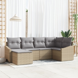Juego de comedor de jardín de 6 piezas con cojines Beige Ratán Polipropileno