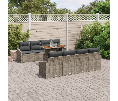 Juego de Comedor de Jardín de 9 Piezas con Cojines Gris Ratán Poliéster Acacia